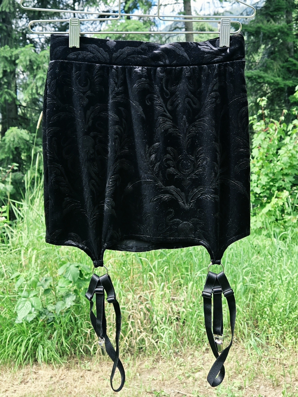 Black Embossed Velvet Damask Garter Mini Skirt